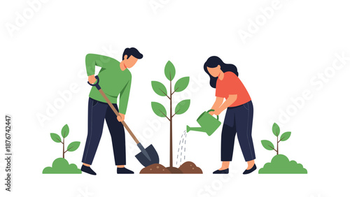 Environmental conscious man and woman planting young tree together in garden setting during sunny day.