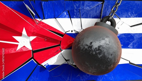 U.S. wrecking ball labeled “EMBARGO” smashing Cuban flag wall, symbolizing economic pressure and political conflict.