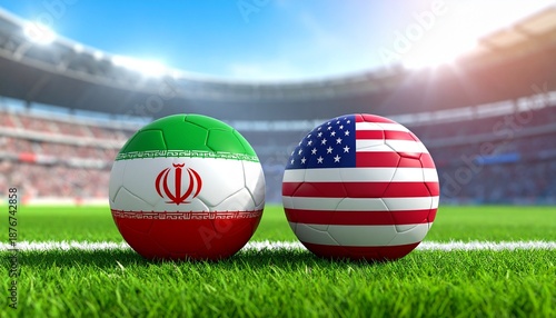 Iran vs USA soccer match kickoff on vibrant stadium turf.