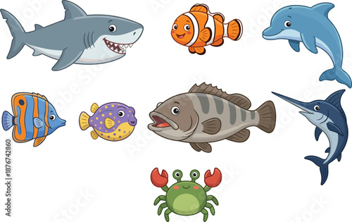 Cartoon shark, clownfish, dolphin, angelfish, pufferfish, grouper, swordfish, crab, sea animal set, kids marine vector illustration