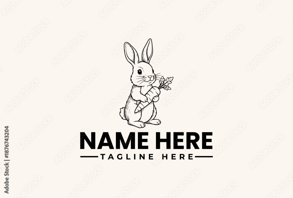 Fototapeta premium Black and white illustration of a rabbit holding a leaf with customizable text for a logo or icon on a plain background.