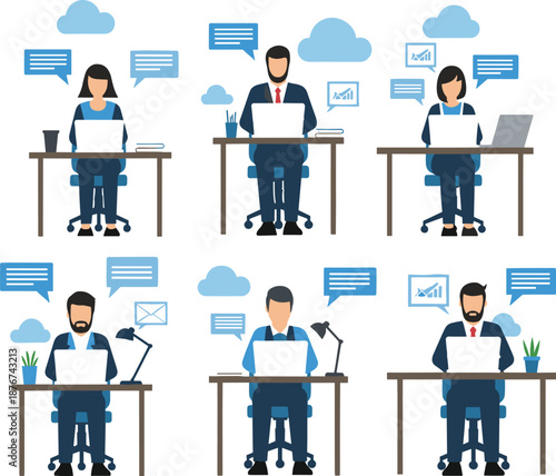 Flat Business Team Working from Home Vector Illustration