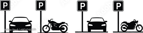 Parking Area Silhouette Icons Set Featuring Car and Motorcycle with Parking Signs for Urban Transportation, Traffic and City Infrastructure Design Vector