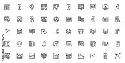 User Experience icon set. UX/UI vector icons pack. Includes sticky note, wireframe, prototyping, testing, feedback, analysis, and more. Minimal linear editable vector.
