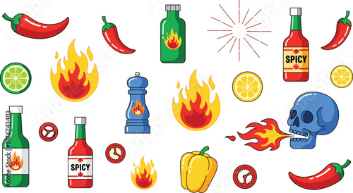Flat vector illustration set of spicy food icons with hot chili peppers, sauce bottles, flames, and fire breathing skull isolated on white