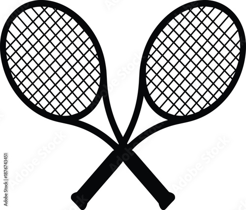Tennis Racket Silhouette Icon Featuring Crossed Racquets, Sports Equipment Symbol for Tennis Club, Training, Tournament and Athletic Design Vector