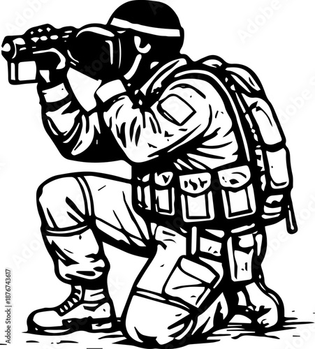 Black Ink Vector of Kneeling Soldier Using Camera Scope in Tactical Gear