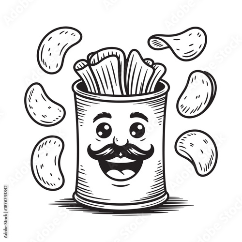Charming can of potato chips with a smiling face and scattered snacks