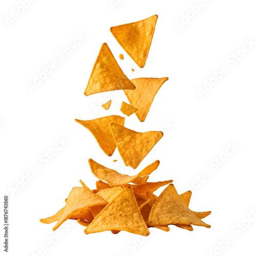 Crispy triangular corn tortilla chips falling into a delicious pile.
