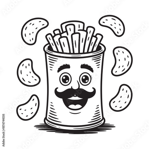 Charming cartoon can of fries with a face and scattered chips
