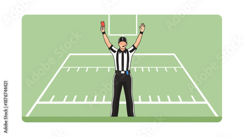 Official Signals Penalty During Football Game On Gridiron Field Holding Red Card Up With Both Arms Raised