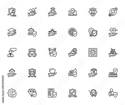 Insurance icon set. Vector illustration pack. Includes symbols for law, investment, health, travel, accident, agent, house, savings, engineering and more. Editable stroke.