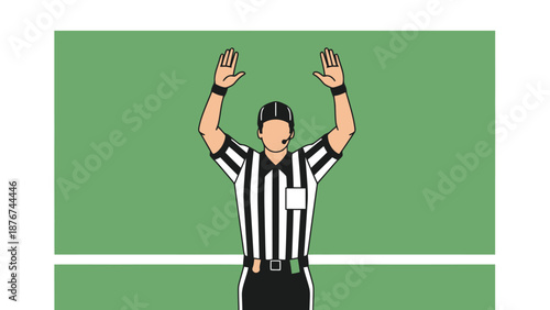 American football official signals for a touchdown with arms raised high on a green field marking celebration and victory in sports competition