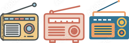 Three stylized retro radio receivers vintage music players colorful broadcast devices