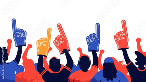Crowd cheering with foam fingers raised in support of a team or event celebrating victory and excitement