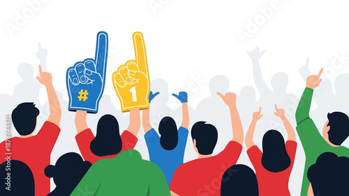 Excited Crowd Cheering Sports Event Showing Support with Foam Fingers and Raised Hands Celebrating Victory and Fanaticism