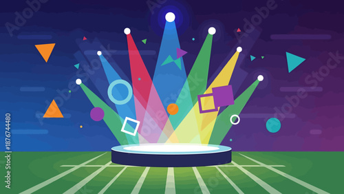 Festive stage podium with vibrant spotlights and abstract shapes creating a lively celebration atmosphere for award ceremonies or entertainment events