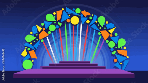 Colorful Archway With Geometric Shapes And Stage Lights Create Abstract Stage Background Design For Entertainment And Celebration