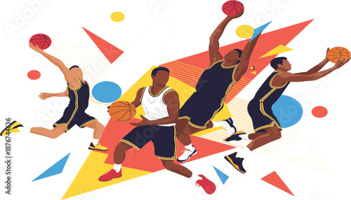 Basketball Players in Action Poses with Abstract Geometric Shapes and Vibrant Colors for Sports Posters, Marketing Graphics, Apparel, and Modern Design Projects