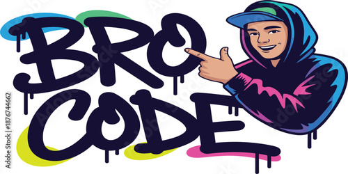 Graffiti Bro Code Street Art Typography with Hoodie Character Illustration for Urban Branding, Stickers, Posters, Apparel, and Modern Digital Designs