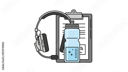 Isolated Athletic Training Equipment Includes Clipboard Water Bottle and Headphones For Coaching And Sports Planning