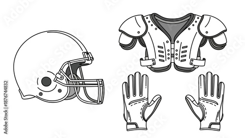 American Football Athletic Protective Gear Including Helmet Shoulder Pads and Gloves For Sports Player Safety And Game Preparation Equipment
