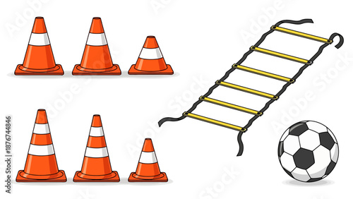 Sports Training Equipment Including Orange Cones Agility Ladder And Soccer Ball On White Background For Skill Development Practice