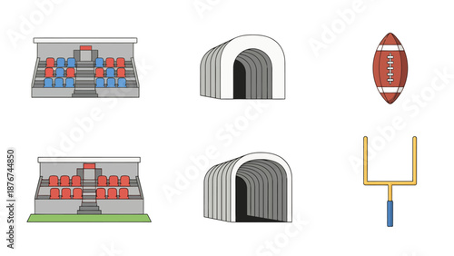 Collection of Stadium Elements Including Seating Areas Tunnel Entrance and Sports Ball With Goal Post For Athletic Competition and Event