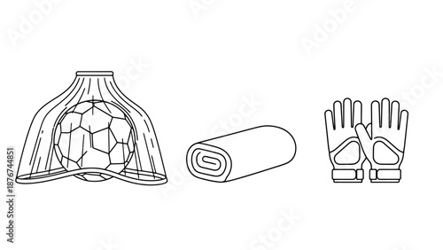 Sports Equipment Set Featuring Soccer Ball Goalkeeper Gloves and Rolled Towel Objects Isolated on White Background Outline Style