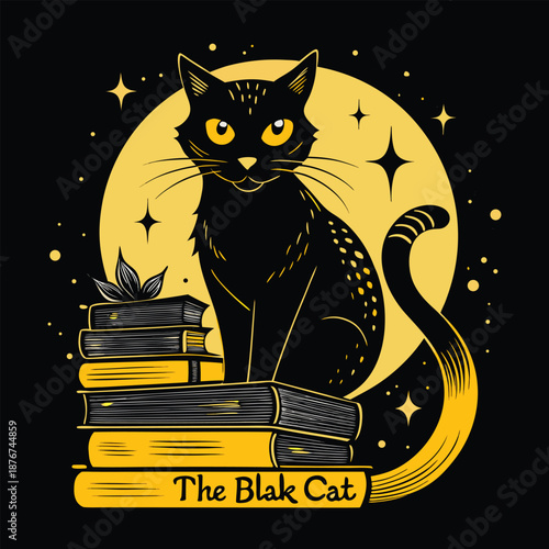 Foto Mystical Black Cat on Books with Moon and Stars