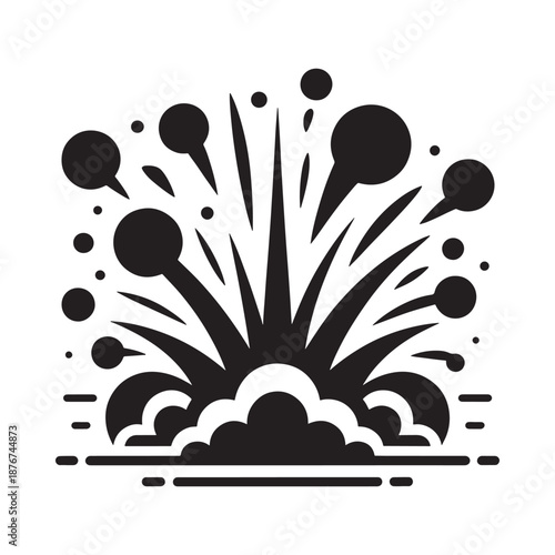Black and white explosion graphic with radiating lines and smoke effects