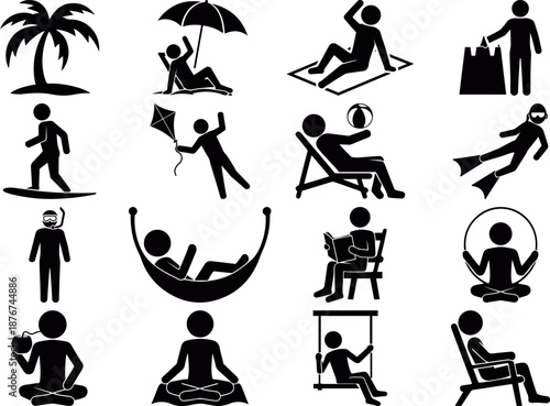People daily activity icon set showing relaxation, exercise, work and lifestyle actions in simple silhouette vector style, ideal for apps, infographics, presentations, summer leisure activity people