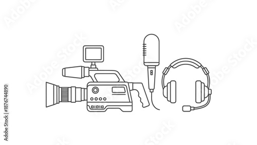 Digital Content Creation Equipment Including Professional Video Camera Microphone and Headphones for Broadcasting and Recording Productions