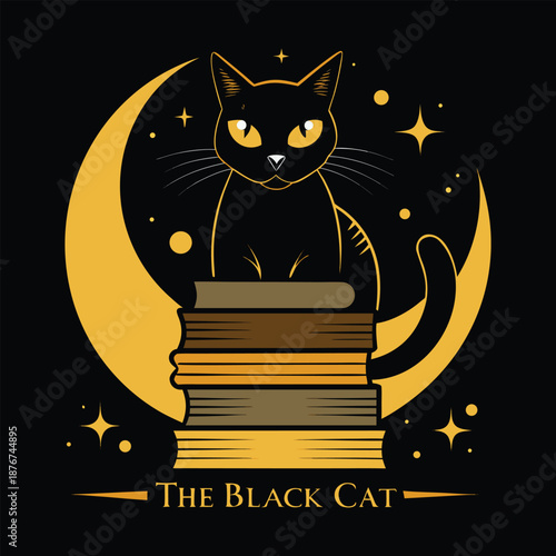Schilderij op canvas Mystical Black Cat on Books with Moon and Stars