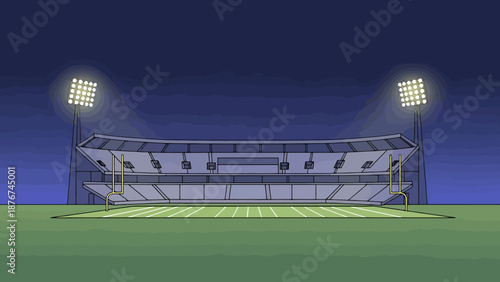 Nighttime Illumination Of A Large Outdoor Sports Arena With Glowing Field Lights And Empty Stands Ready For Competition
