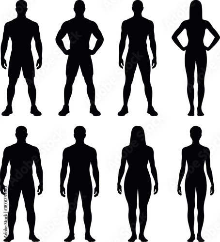 Male and female body shape icon set showing different physiques and proportions in clean flat silhouette vector, men body shape variation silhouette figures, human male anatomy silhouette collection