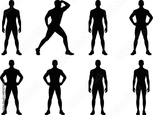 Standing man pose icon set featuring confident male postures in flat silhouette vector style, ideal for UI avatars, profile design, infographics and human resources graphics, male posture silhouette 