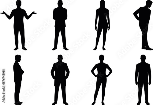 Standing people pose icon set showing various male postures and gestures in flat silhouette vector style, perfect for infographics and presentation graphics, people gesture silhouette icon set 