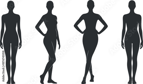 Female body shape icon set featuring elegant standing poses and different body types in flat silhouette vector, ideal for fashion, fitness and health, woman body type variation silhouette figures