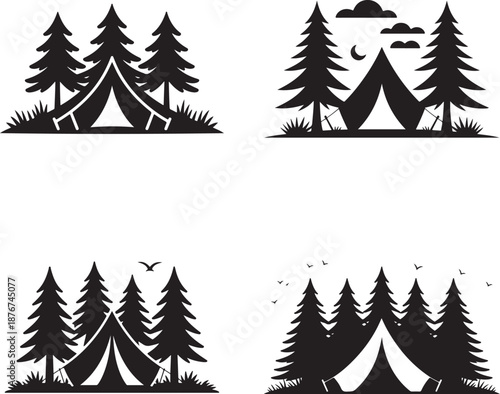 Camping tent in forest silhouette icons nature outdoor adventure set vector