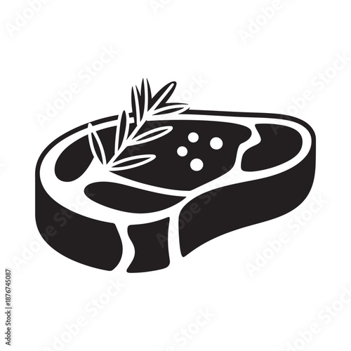 a black and white image of a steak with a rosemary sprig on top