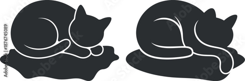 Sleeping cat silhouette icon set showing curled resting poses in flat vector, cute cat resting silhouette animal icons, cat nap pose silhouette collection white