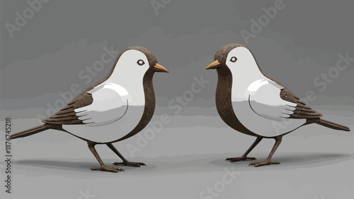 Two modern metal birds facing each other on gray background