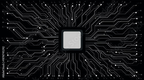 Abstract technology circuit board and processor. AI chip or CPU semiconductor. Tech background with circuit thin lines. Digital bg. Light blue neon microchip. Vector illustration of a motherboard.