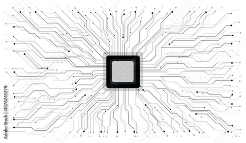 AI chip glows bright white and pink neon light. Tech background. Circuit board layout. Artificial Intelligence innovation concept. Computer chip or semiconductor on futuristic vector illustration.
