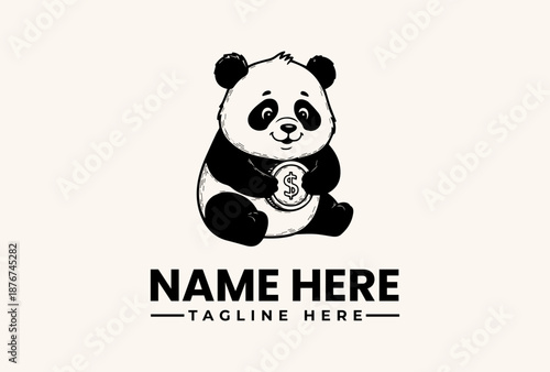 A black and white illustration of a panda holding a coin with placeholder text for a name and tagline on a beige background, featuring a logo and pictogram design.