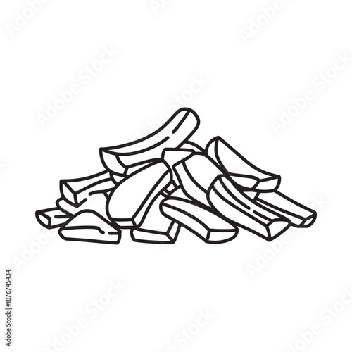 Black and white illustration of a pile of french fries or potato wedges