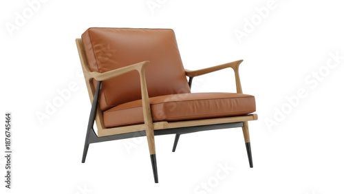 Fotografía Modern tan leather armchair isolated PNG, contemporary lounge chair with wooden