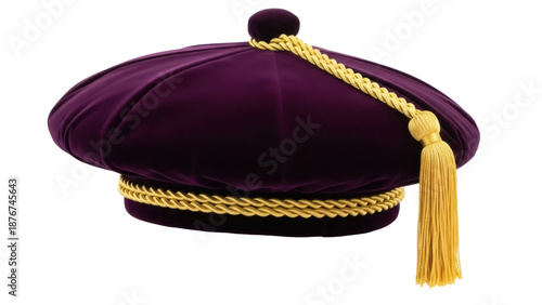 Purple velvet academic cap PNG isolated on transparent background, doctoral graduation hat with gold tassel for commencement ceremony