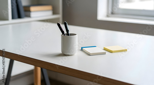 Wallpaper Mural Modern white office desk with pen holder, pens, notepad and yellow sticky notes in a bright minimalist workspace with blurred background Torontodigital.ca